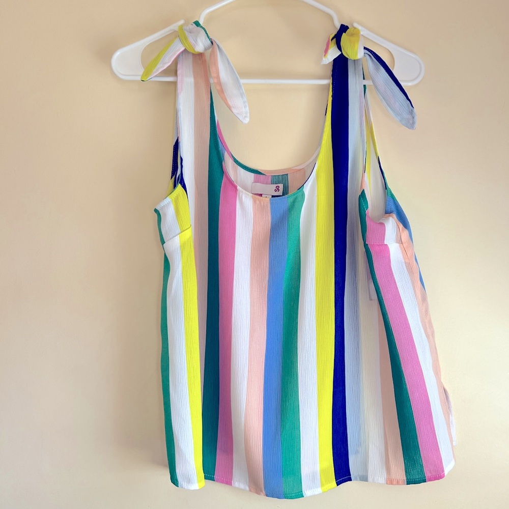 NWOT Juniors  large tie shoulder multi striped swing cami